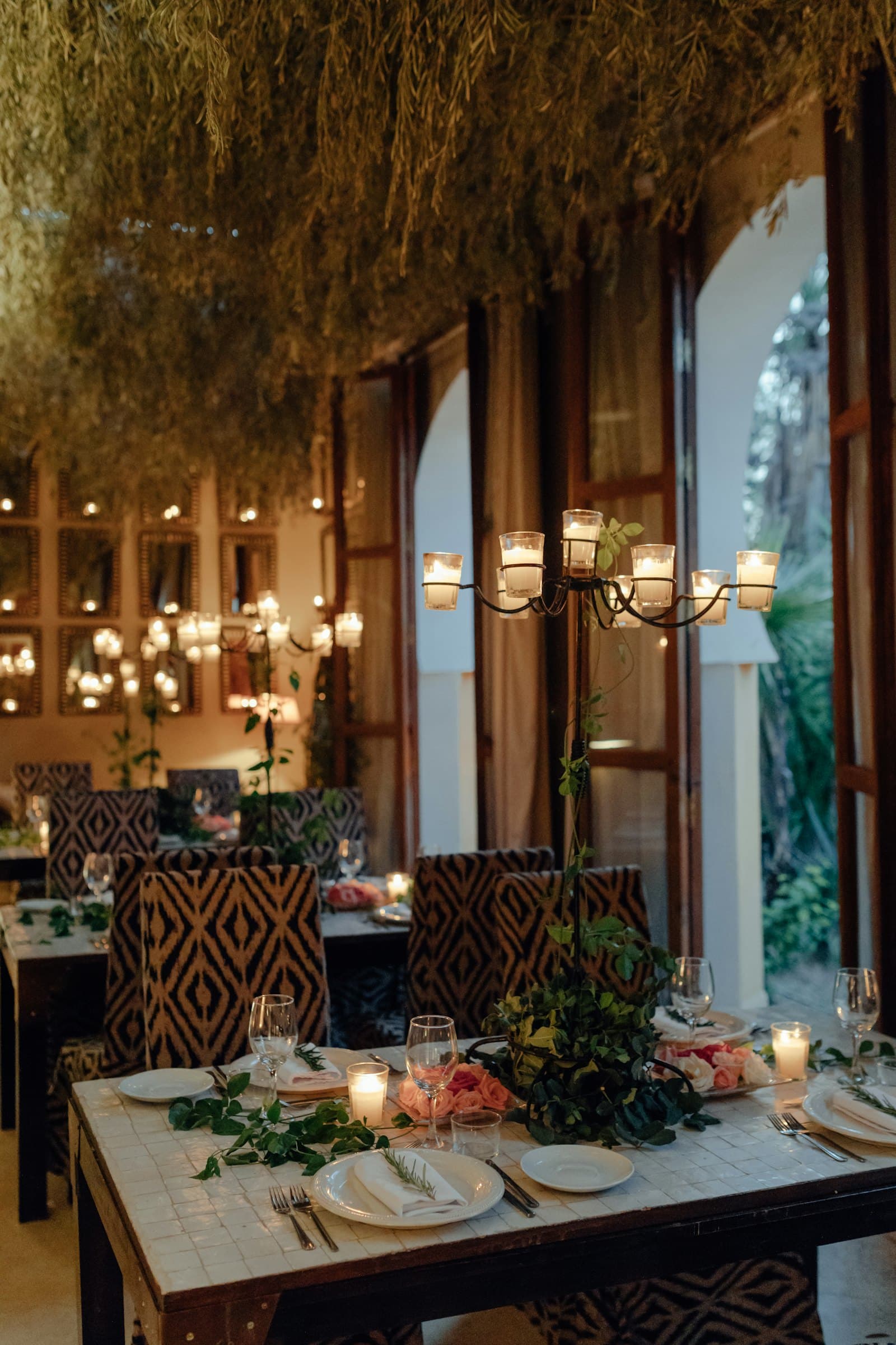 A candlelit restaurant dining room