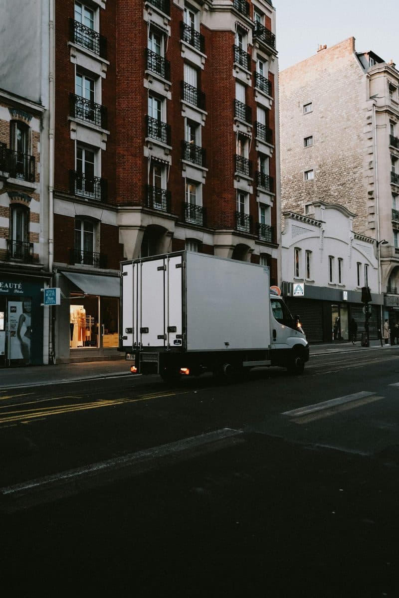 A box truck on a city street